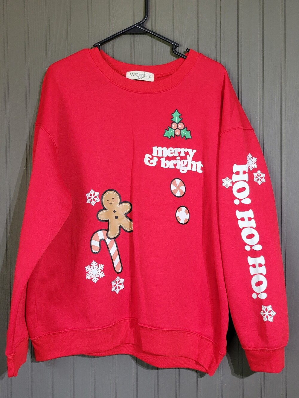 Wound Up Christmas Sweatshirt Merry & Bright Gingerbread Man Red Women's 2XL